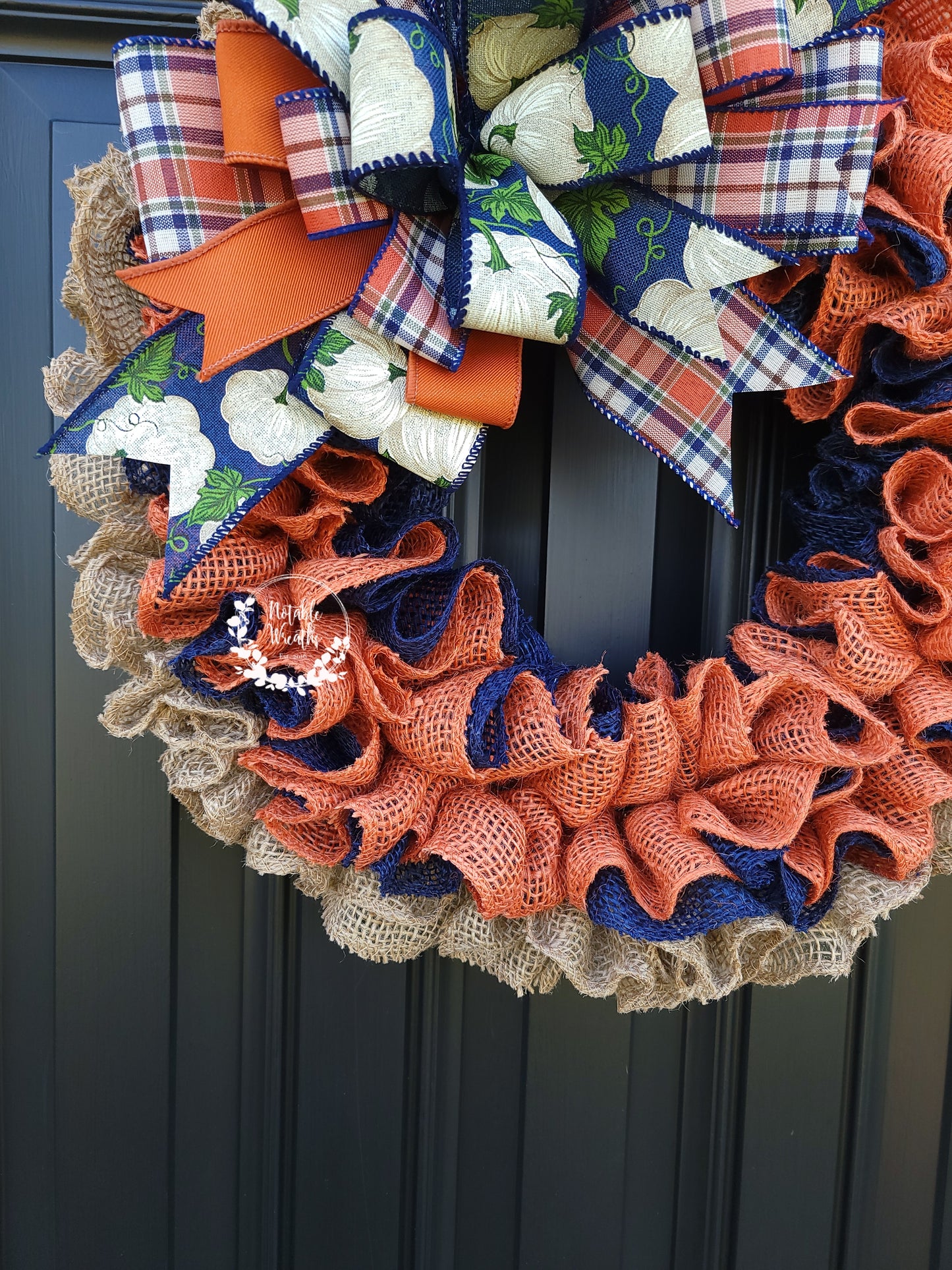 Navy and orange Fall wreath for front door, white pumpkin fall wreath, rustic fall wreath, plaid fall wreath