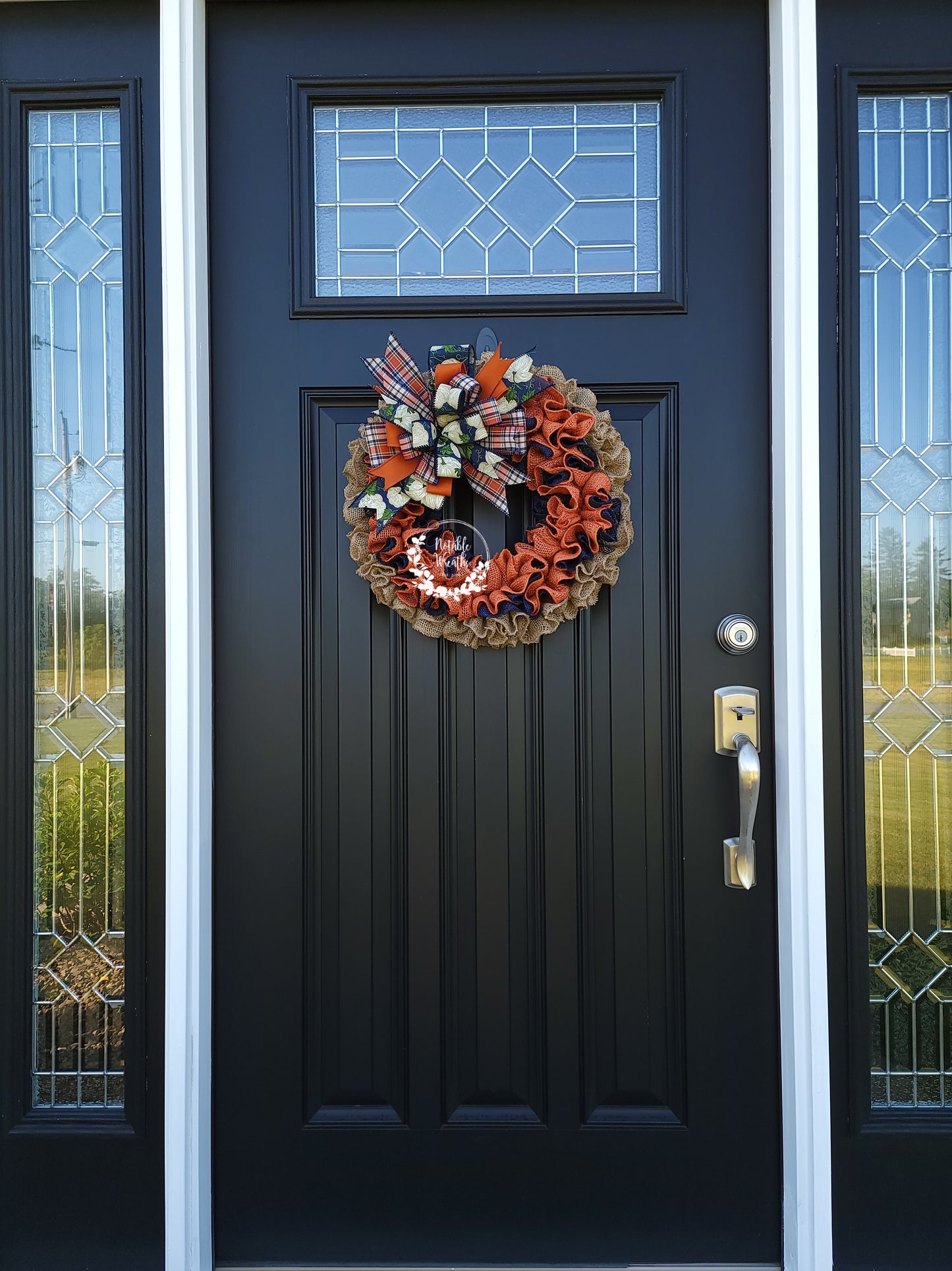 Navy and orange Fall wreath for front door, white pumpkin fall wreath, rustic fall wreath, plaid fall wreath
