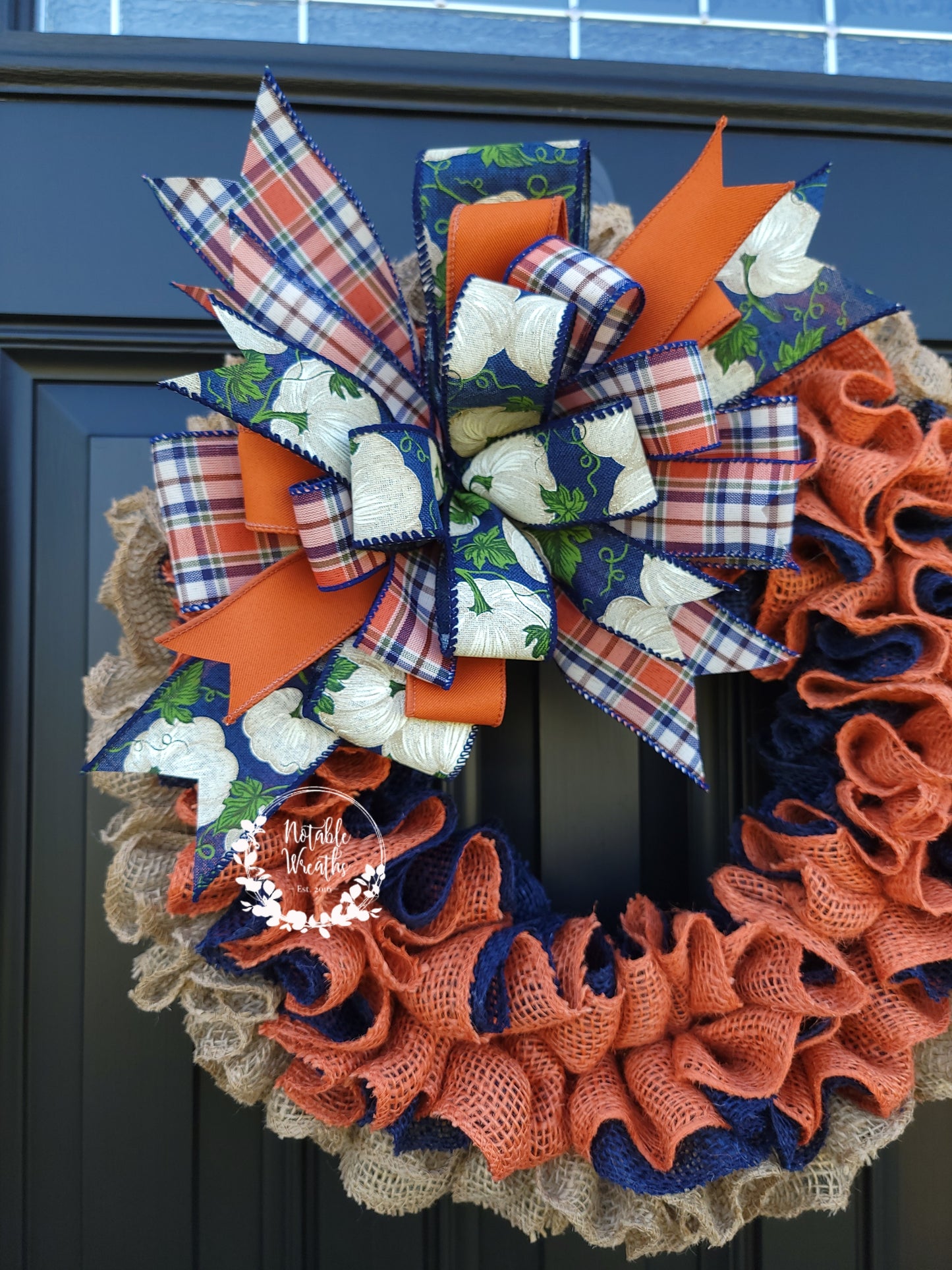 Navy and orange Fall wreath for front door, white pumpkin fall wreath, rustic fall wreath, plaid fall wreath
