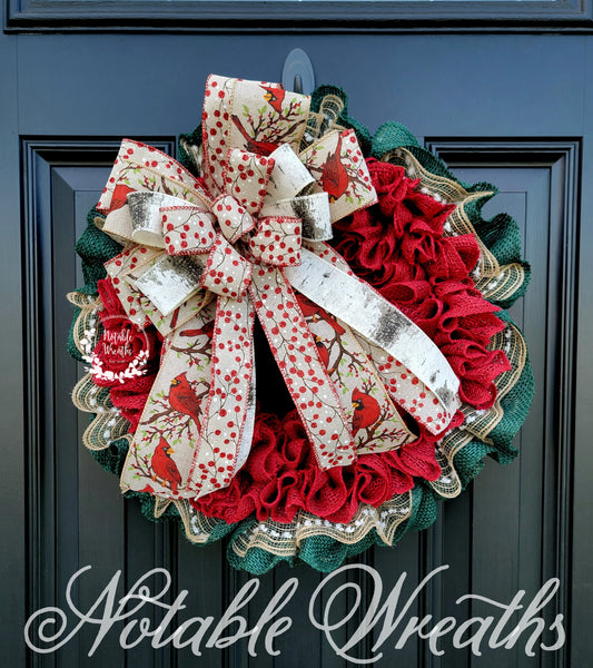 Red berry Christmas wreath, Cardinal wreath for winter, birch wreath, red and green wreath, winter wreath