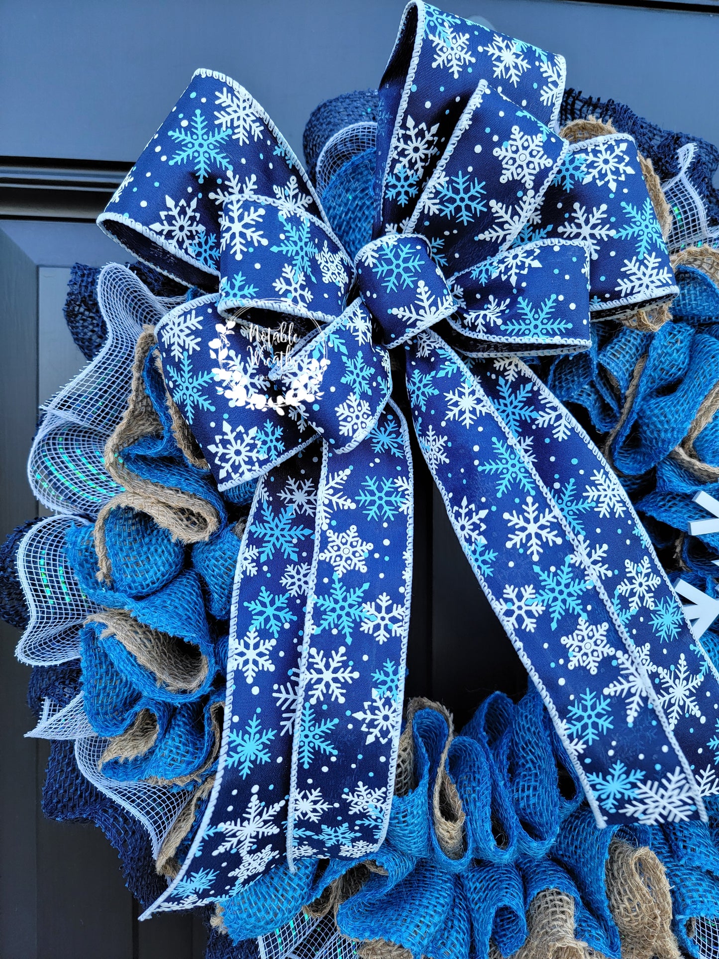 Blue winter Burlap wreath for front door, Snowflake wreath, Snowflake winter decor
