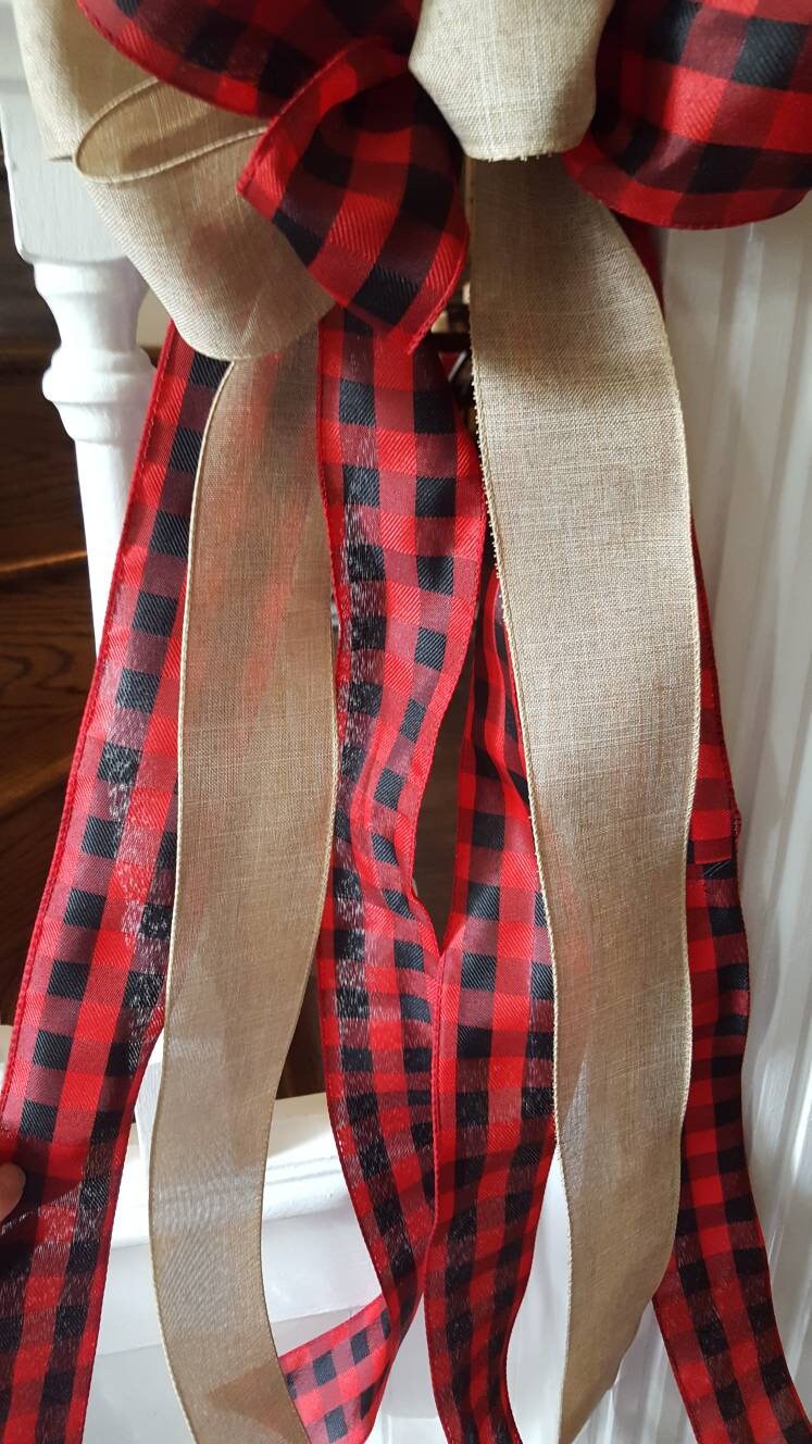 Christmas tree decor, Tree topper, plaid tree topper bow, farmhouse decor, red and black buffalo check tree topper