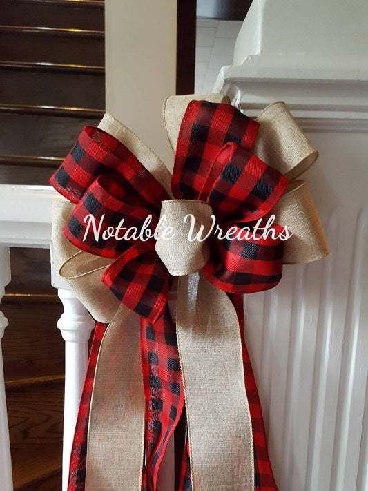 Christmas tree decor, Tree topper, plaid tree topper bow, farmhouse decor, red and black buffalo check tree topper