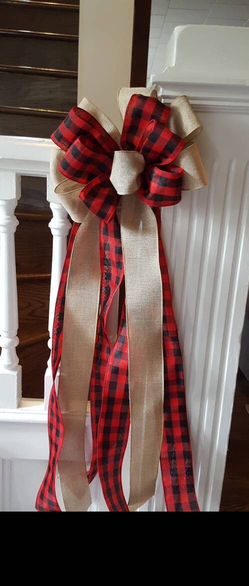 Christmas tree decor, Tree topper, plaid tree topper bow, farmhouse decor, red and black buffalo check tree topper