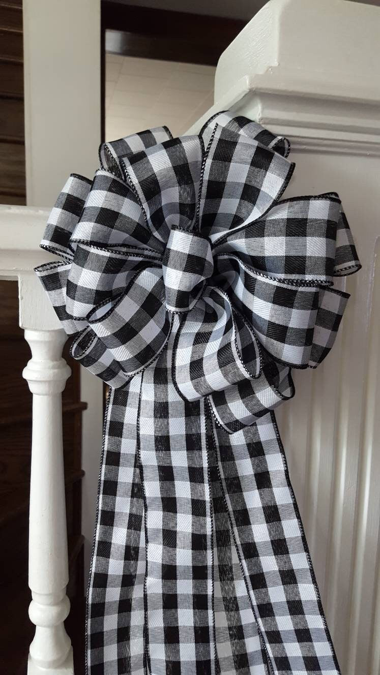 Tree topper bow, black and white buffalo check tree topper bow, rustic tree topper bow, farmhouse tree topper bow, Christmas decorations
