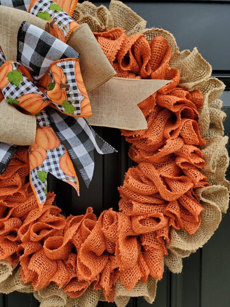 Fall burlap wreath for front door, autumn burlap wreath, buffalo check wreath for fall, pumpkin wreath for fall, burnt orange burlap wreath