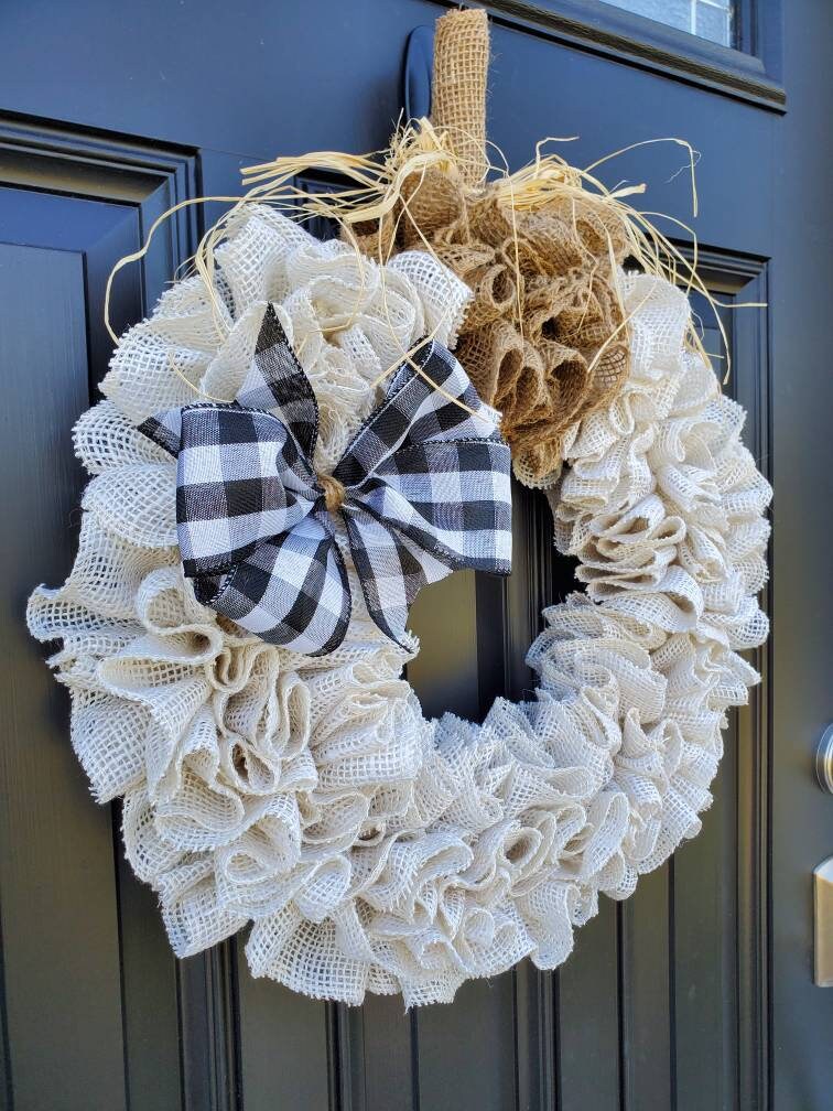 Fall farmhouse decor, White pumpkin burlap wreath, Fall farmhouse wreath, buffalo check decor for fall, fall housewarming gifts