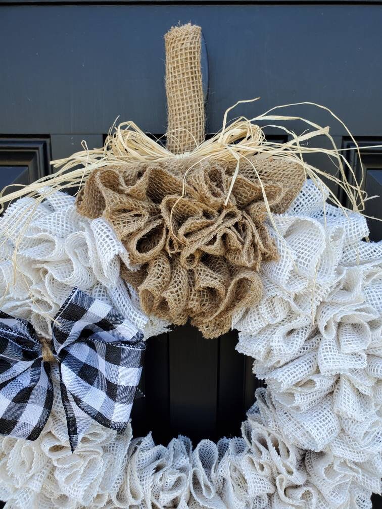 Fall farmhouse decor, White pumpkin burlap wreath, Fall farmhouse wreath, buffalo check decor for fall, fall housewarming gifts