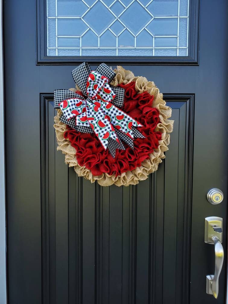 Summer watermelon burlap wreath for front door, red burlap wreath, Watermelon decor