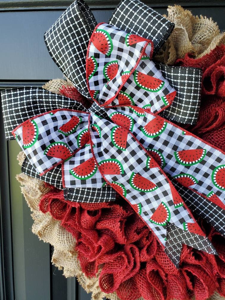 Summer watermelon burlap wreath for front door, red burlap wreath, Watermelon decor