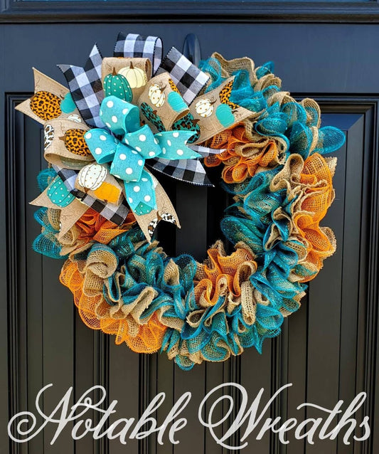 Rustic Fall wreaths for front door, Cheetah print wreath, teal pumpkin wreath, buffalo check wreath, Fall decor, orange and teal