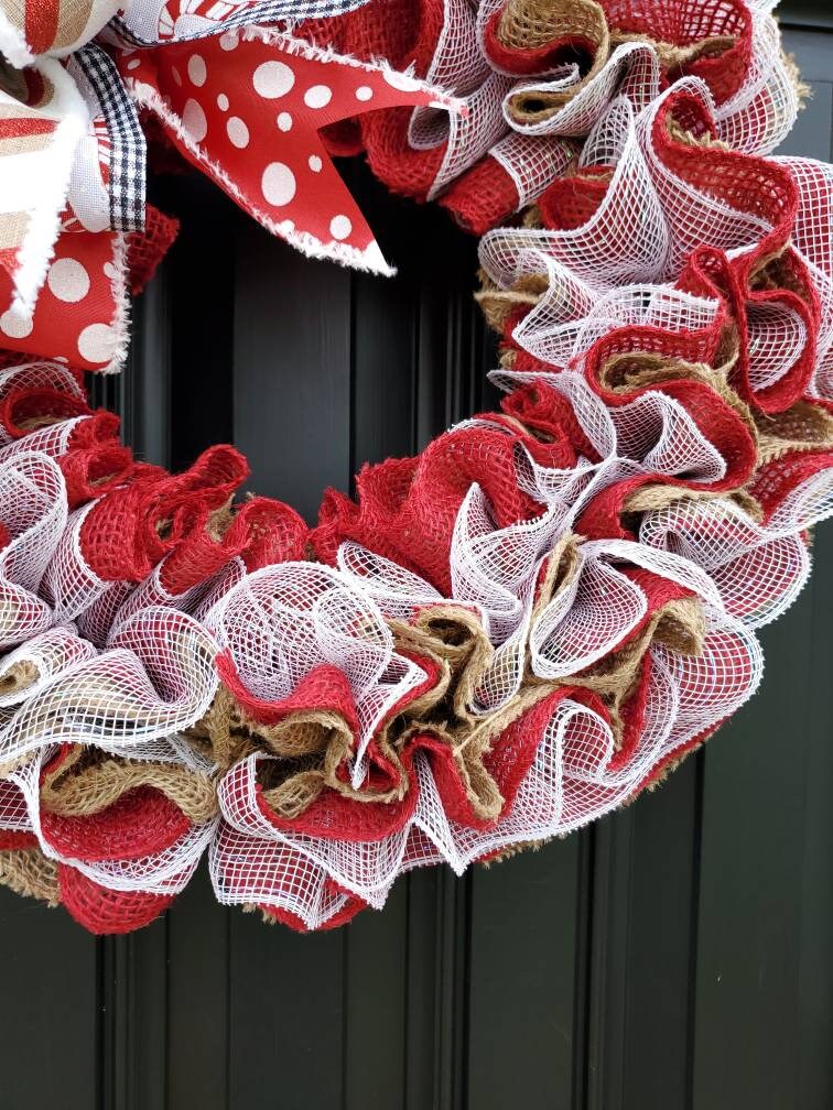 Candy Cane Christmas wreath for front door, burlap winter wreath, red Christmas wreath, peppermint wreath for Christmas