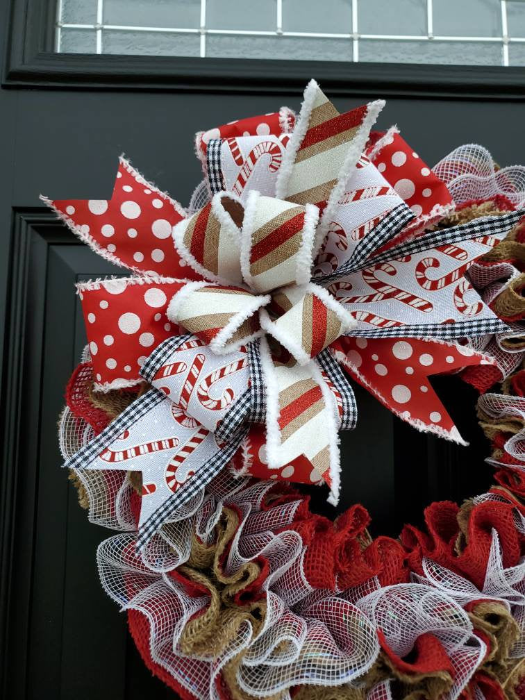 Candy Cane Christmas wreath for front door, burlap winter wreath, red Christmas wreath, peppermint wreath for Christmas