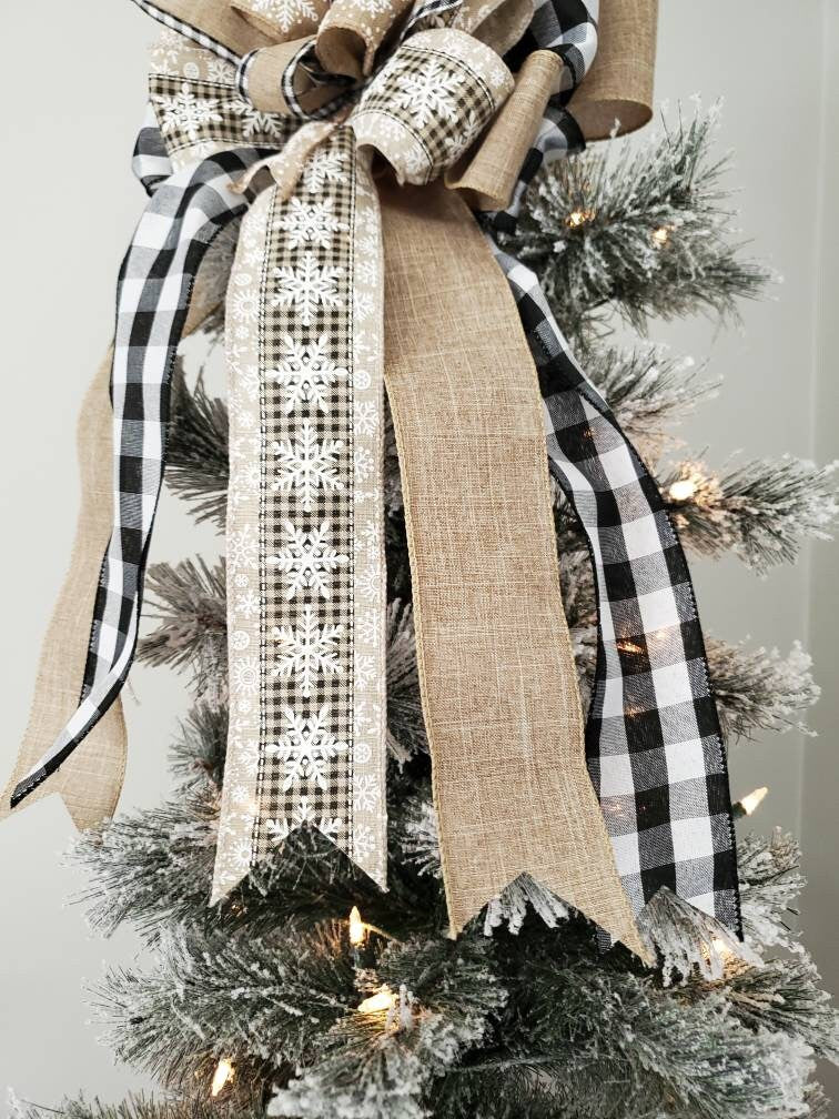 Rustic snowflake tree topper bow, neutral tree topper bow, tree topper, buffal check tree topper, black and white buffalo check tree topper
