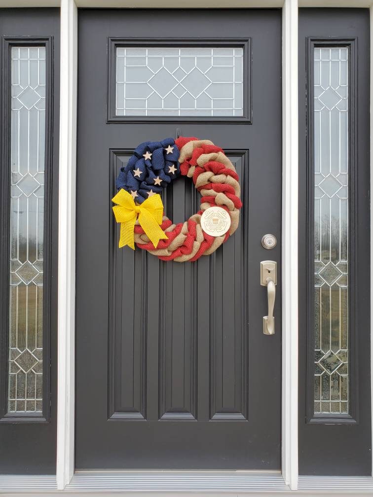 U.S. Coast Guard Wreath, Deployment wreath, Support our troops, Patriotic, burlap, yellow awareness ribbon for troops, deployment gifts