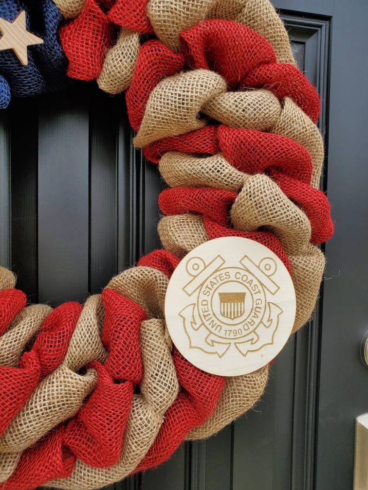U.S. Coast Guard Wreath, Deployment wreath, Support our troops, Patriotic, burlap, yellow awareness ribbon for troops, deployment gifts