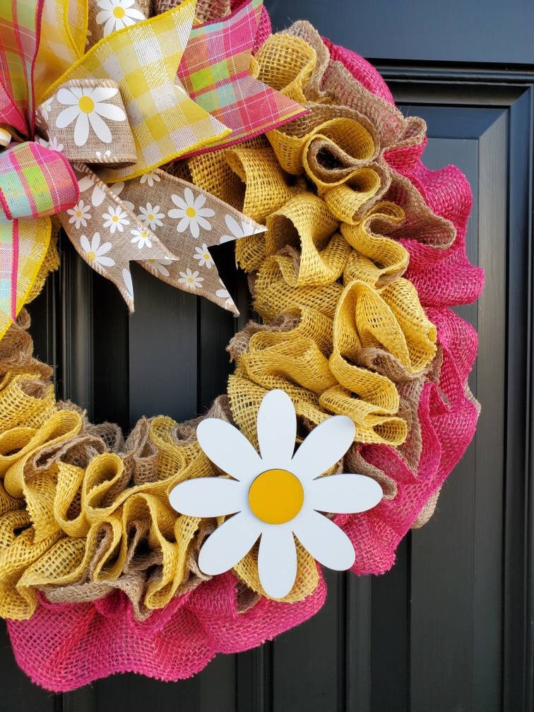 Spring burlap wreath for front door, daisy wreath, pink and yellow wreath for spring