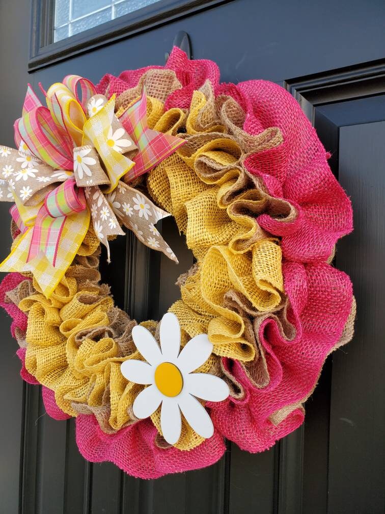 Spring burlap wreath for front door, daisy wreath, pink and yellow wreath for spring