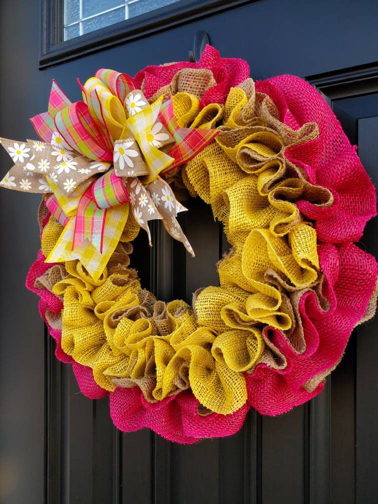 Spring burlap wreath for front door, daisy wreath, pink and yellow wreath for spring