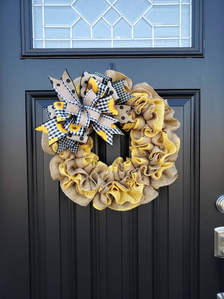 Sunflower wreath for front door, Summer burlap wreath with Sunflowers, double door wreath, yellow burlap wreath, Sunflower decor