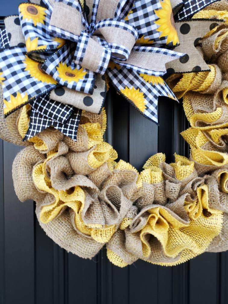 Sunflower wreath for front door, Summer burlap wreath with Sunflowers, double door wreath, yellow burlap wreath, Sunflower decor