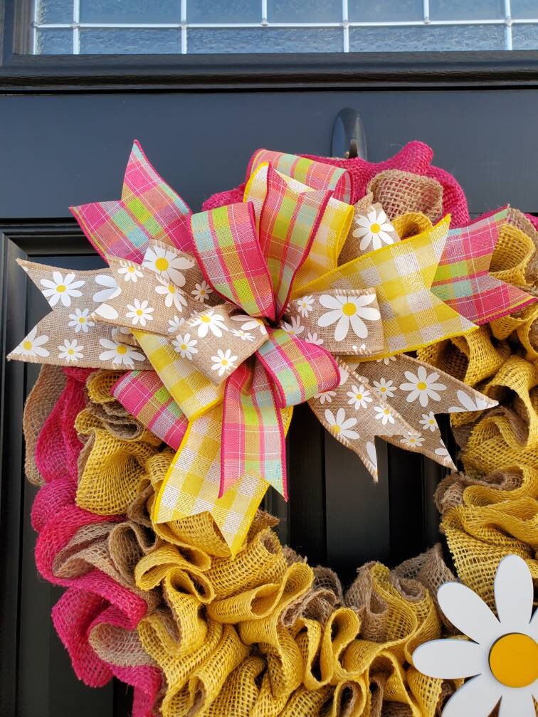 Spring burlap wreath for front door, daisy wreath, pink and yellow wreath for spring