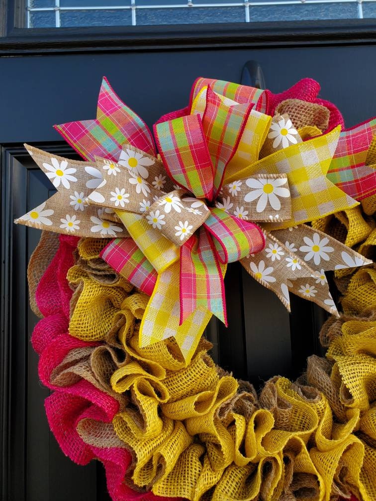 Spring burlap wreath for front door, daisy wreath, pink and yellow wreath for spring