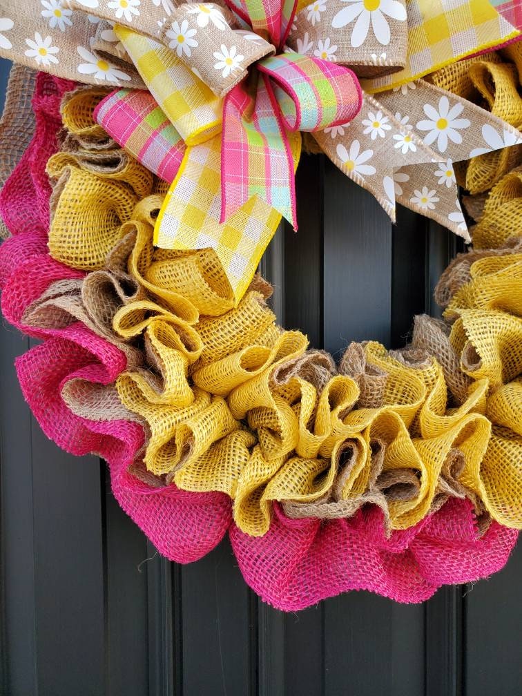 Spring burlap wreath for front door, daisy wreath, pink and yellow wreath for spring