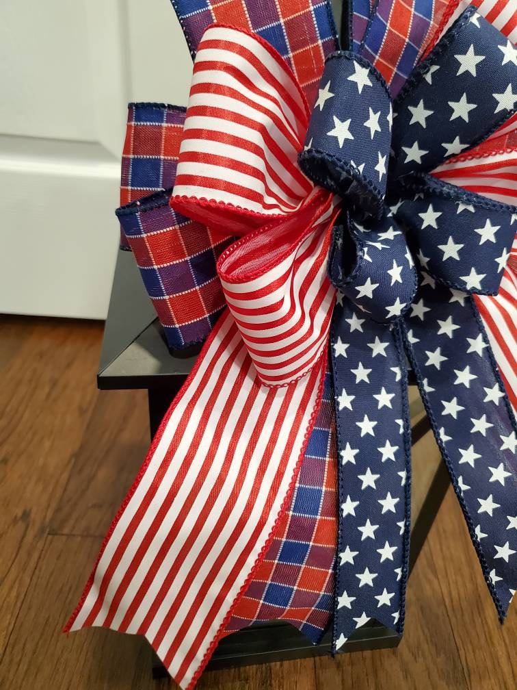 Patriotic bow, mailbox bow, fence post bow, lantern bow, star bow, red white, fourth of July bow