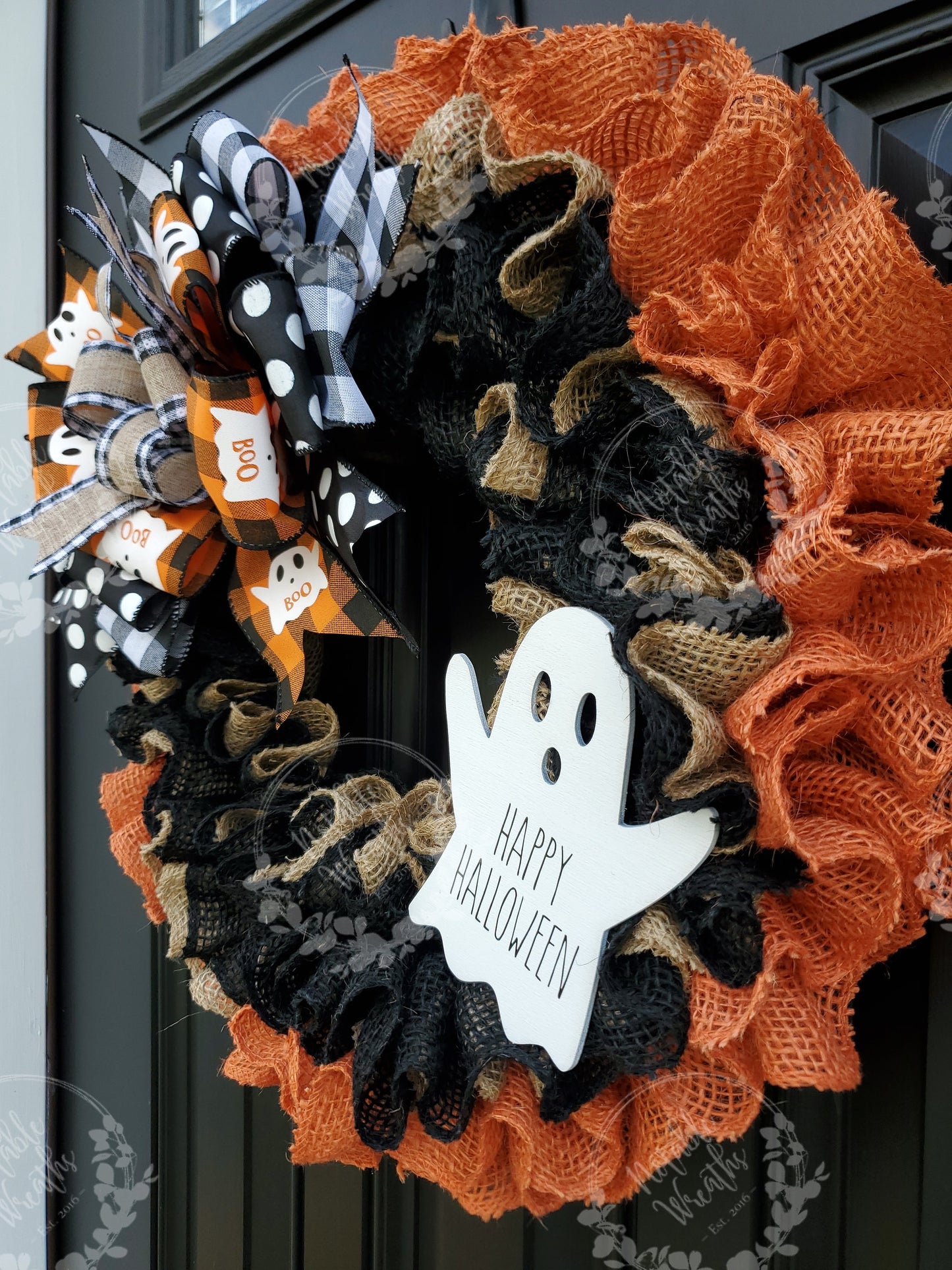 Rustic Halloween wreath for front door, Boo wreath, buffalo check Halloween wreath, ghost wreath